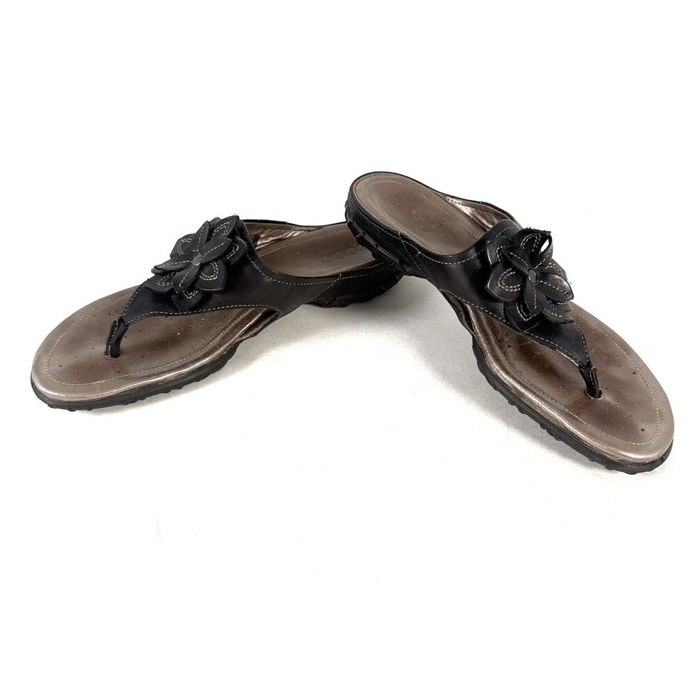 Ecco Thong Sandals Womens 39 US 8-8.5 Black Leather Comfort Flower Flip Flop